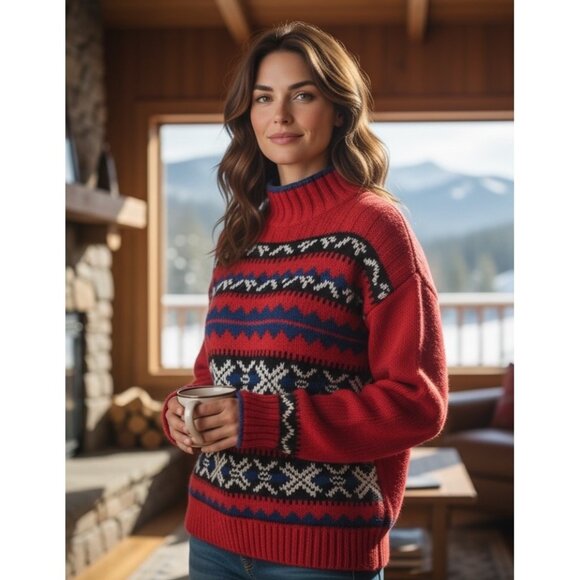 Vintage Red Nordic Fair Isle Sweater Mock Neck Winter Ski Lodge Knit Pullover XL - Picture 1 of 8